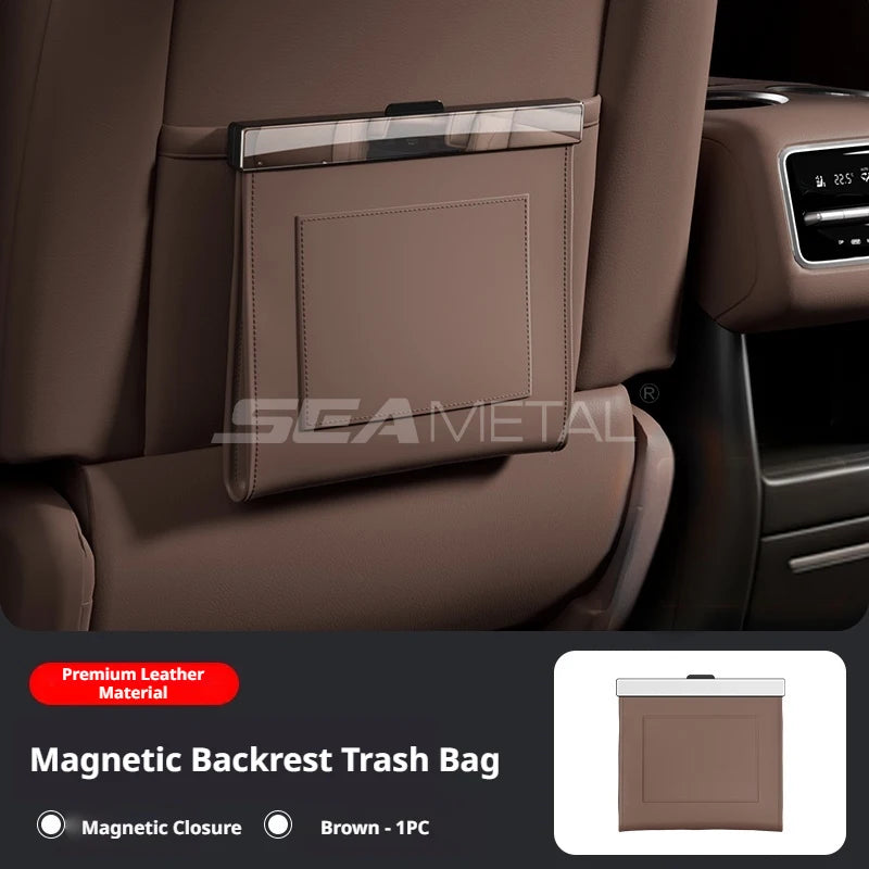 Leather Car Trash Can Magnetic Seat Back Hanging Storage Bag Organizer