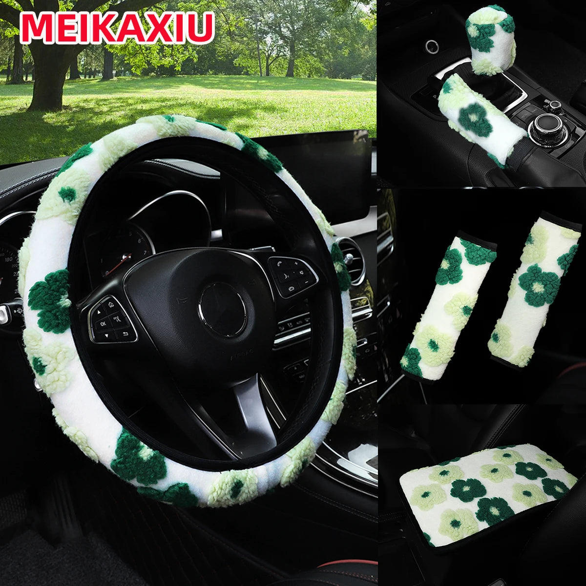 6PCS Plush Flower Car Interior Accessory Set Steering Wheel Cover Seat Belt Pads