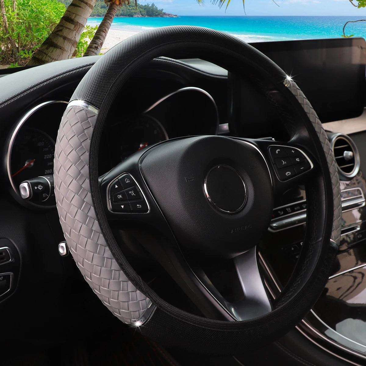 14.5–15" PU Braided Leather Steering Wheel Cover Universal Metal Accent Rimless Cover