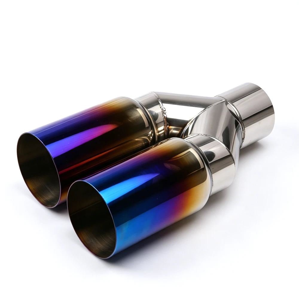 Universal 63mm Inlet to 76mm Dual Outlet Stainless Steel Exhaust Tailpipe Muffler Tip