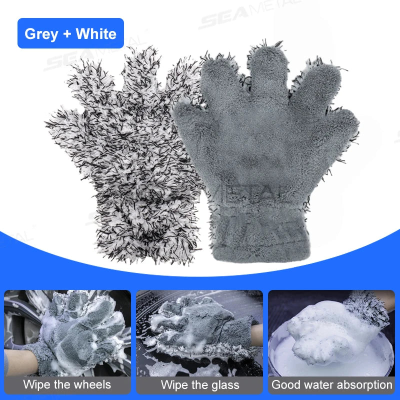 SEAMETAL 5 Finger Car Wash Glove Double Sided Plush Coral Cleaning Mitt
