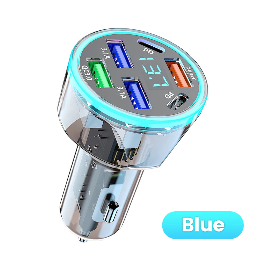 6 Port Car USB Charger 4 USB + 2 Type C PD QC3.0 Fast Charge Digital Display