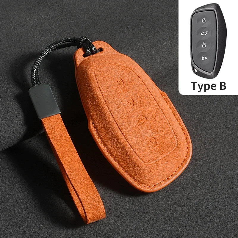 Suede Car Key Case Cover with Keychain for Great Wall Haval H6, Jolion