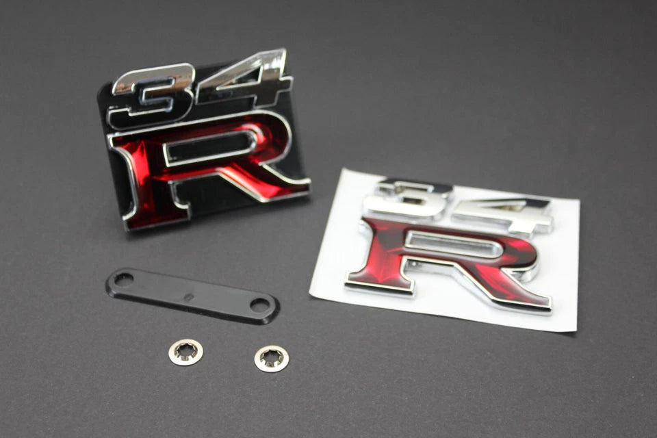 34R Grill & Boot Badge Emblem Silver Red for Nissan Skyline R34 GTR GTT GTST GT