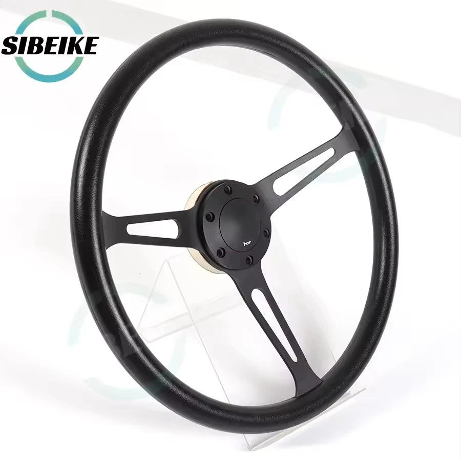 15-Inch PU Leather Racing Steering Wheel Classic Black Silver Sports Universal
