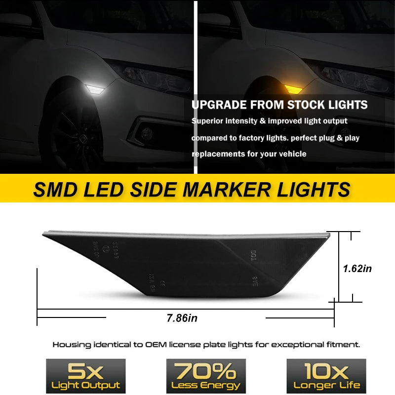 2PCS LED Side Marker Lights Amber Signal White DRL for Honda Civic 2016-2021