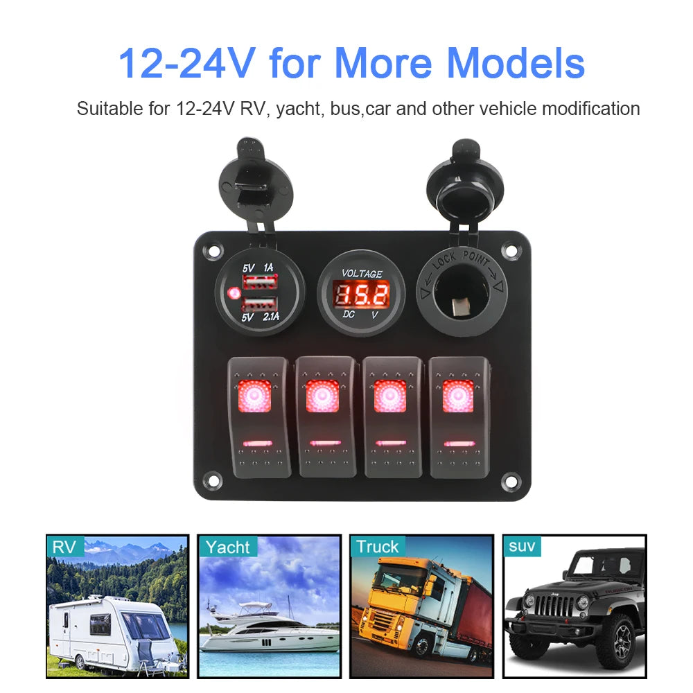 4-Gang Rocker Switch Panel with Dual USB Charger & Digital Voltmeter 12V/24V