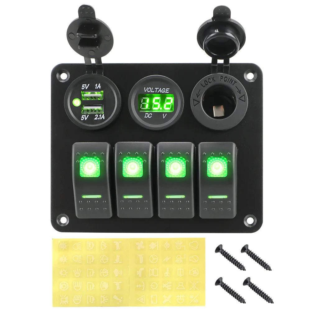 4-Gang Rocker Switch Panel with Dual USB Charger & Digital Voltmeter 12V/24V