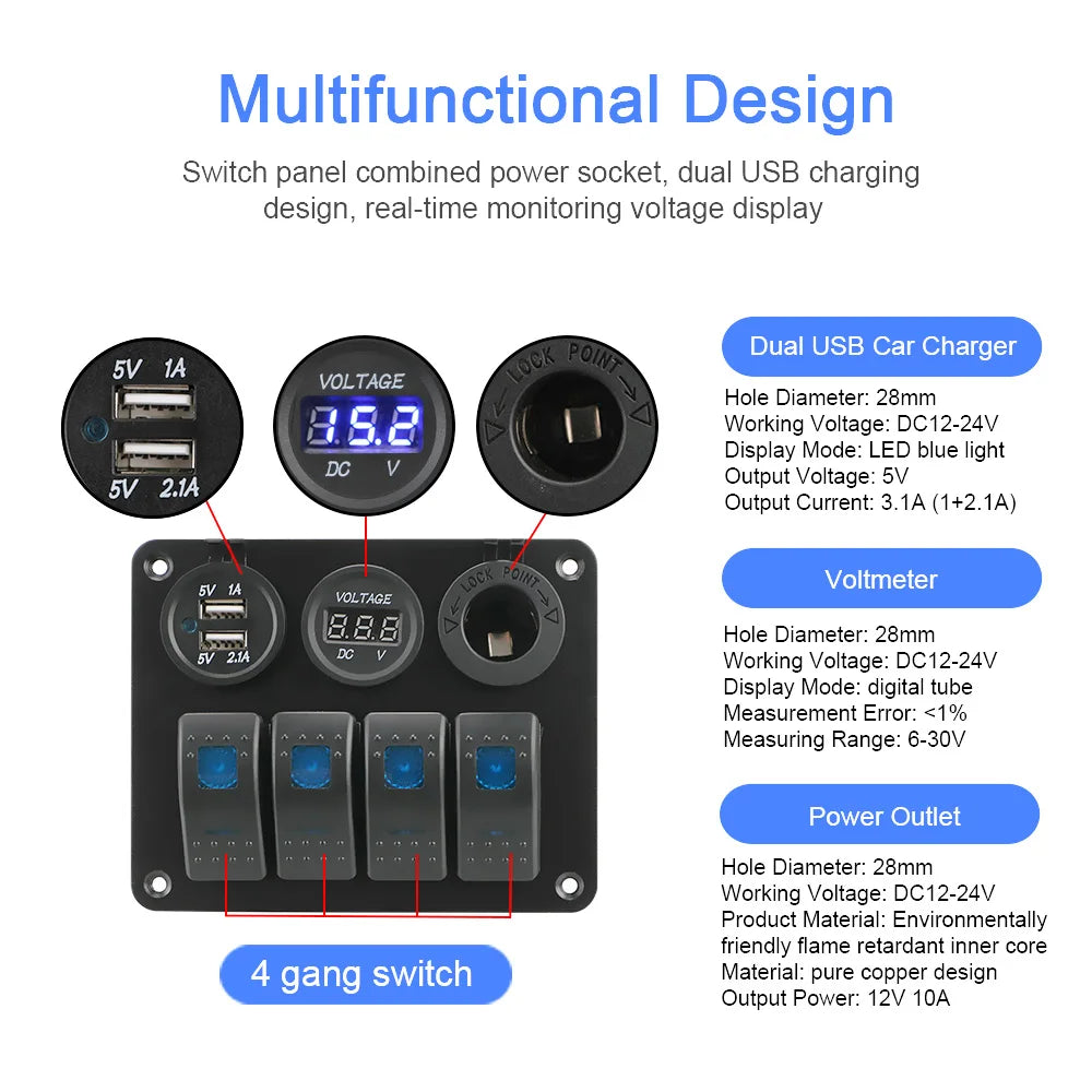 4-Gang Rocker Switch Panel with Dual USB Charger & Digital Voltmeter 12V/24V
