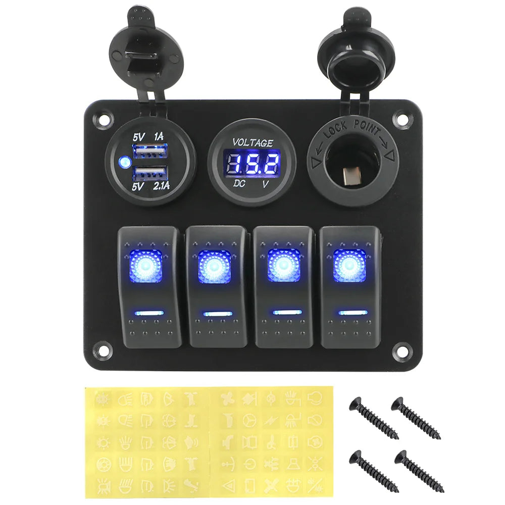 4-Gang Rocker Switch Panel with Dual USB Charger & Digital Voltmeter 12V/24V