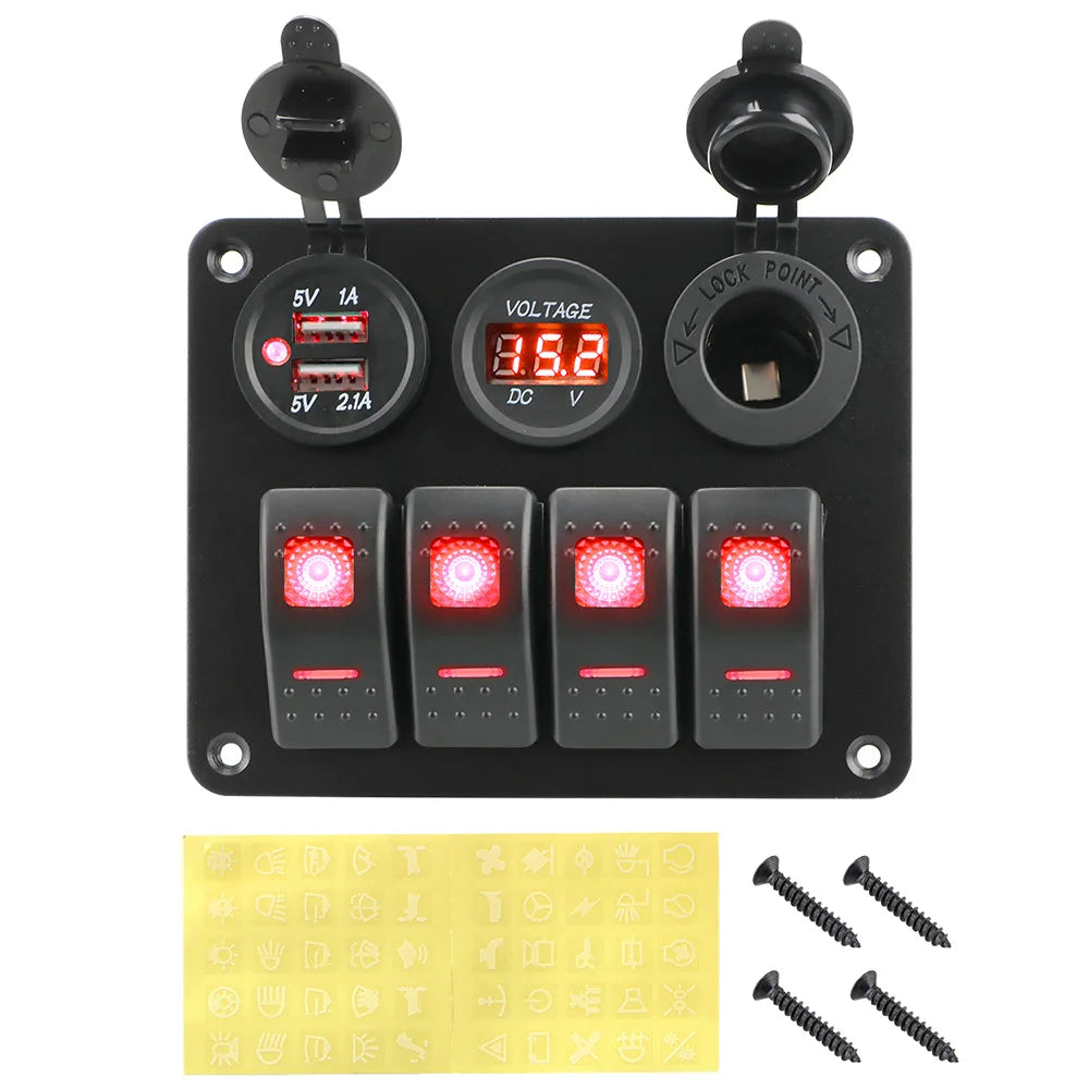 4-Gang Rocker Switch Panel with Dual USB Charger & Digital Voltmeter 12V/24V