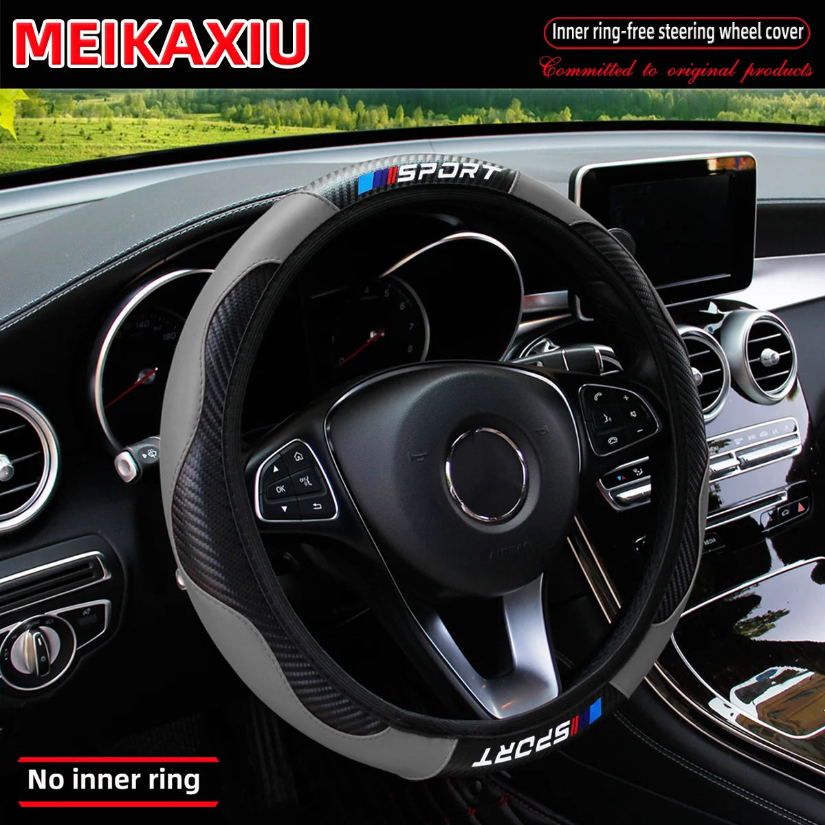 SPORT Carbon Fiber PU Leather Steering Wheel Cover Universal Rimless Non-Slip