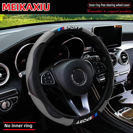 SPORT Carbon Fiber PU Leather Steering Wheel Cover Universal Rimless Non-Slip