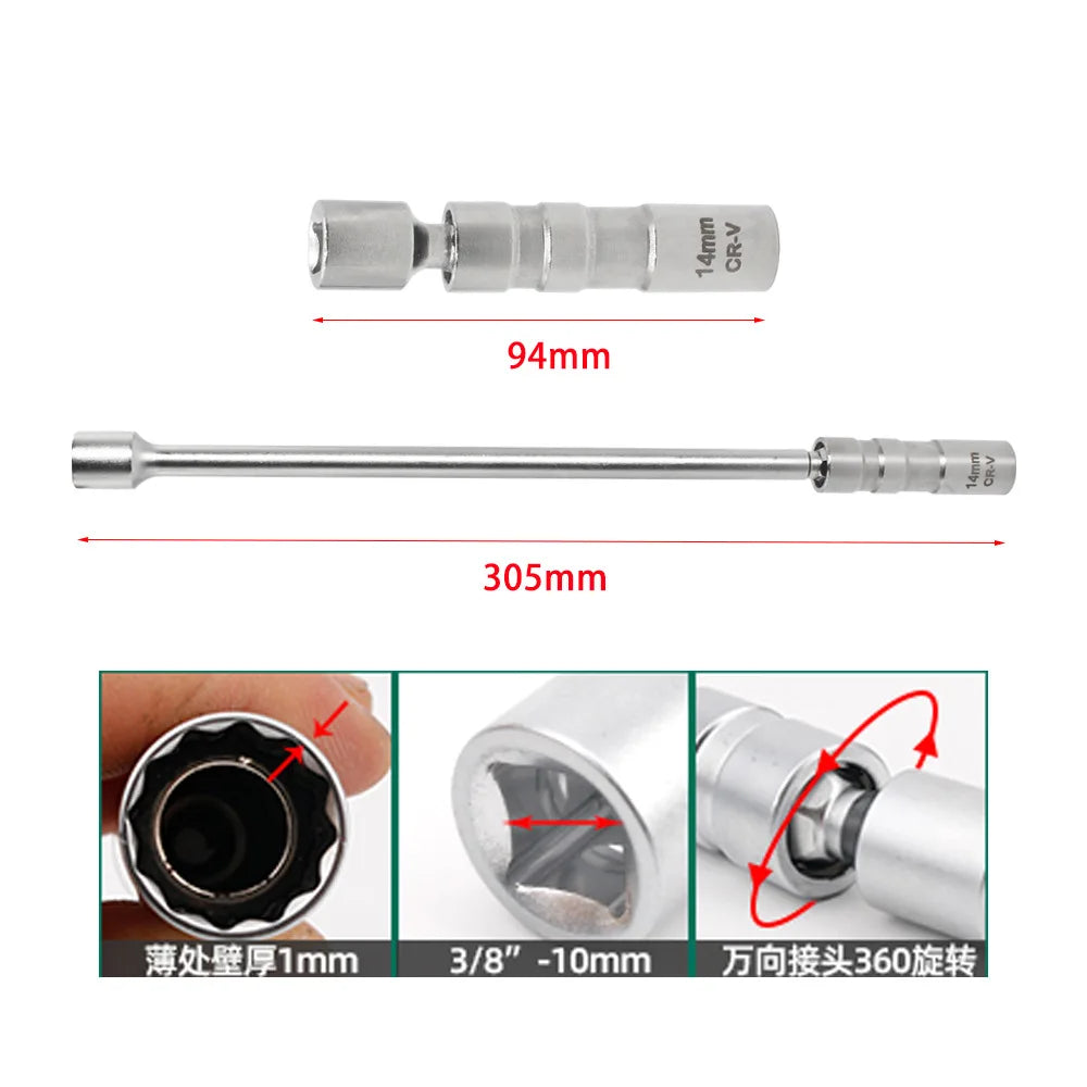 14mm 16mm 12" Swivel Spark Plug Socket 3/8" Drive Magnetic Thin Wall Tool