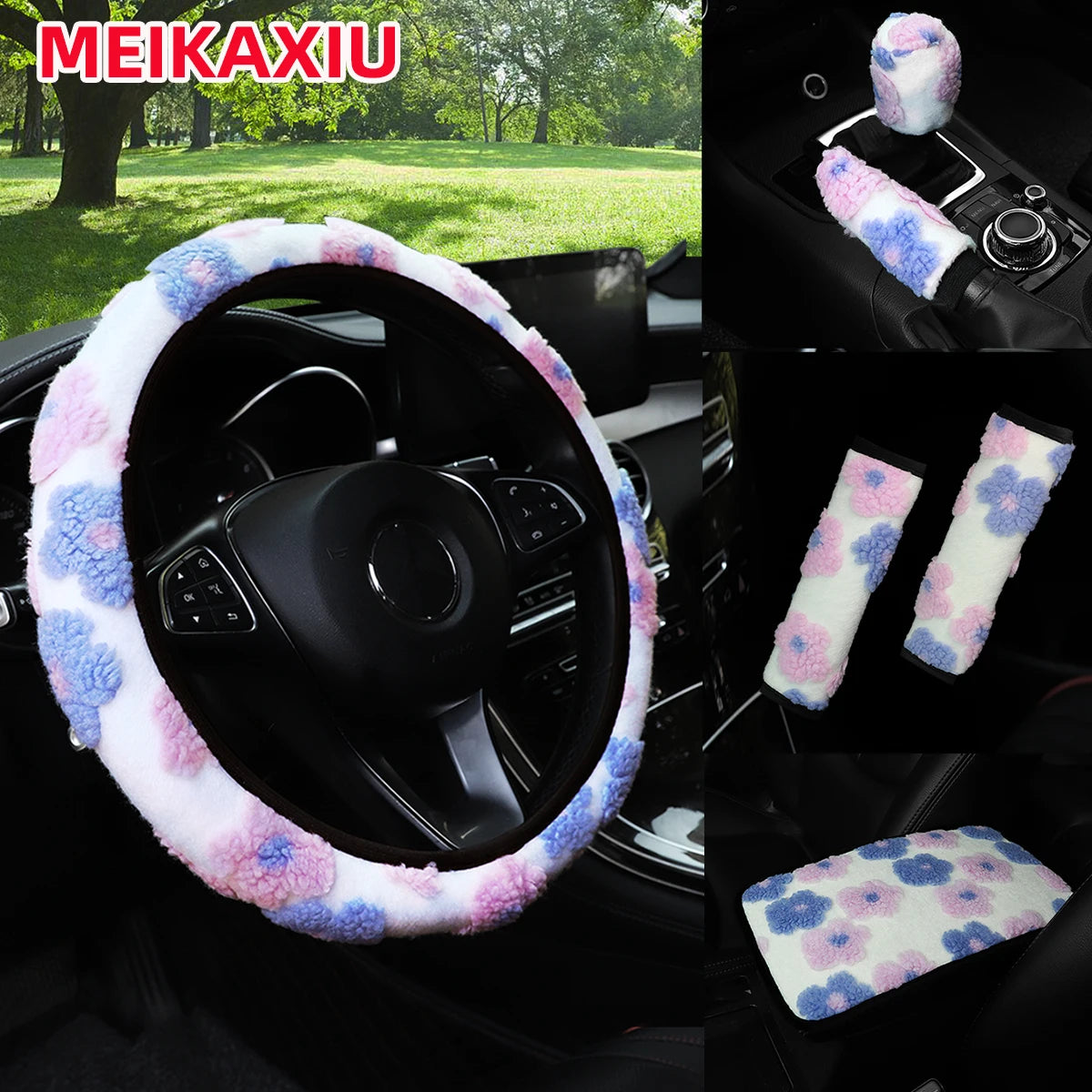 6PCS Plush Flower Car Interior Accessory Set Steering Wheel Cover Seat Belt Pads