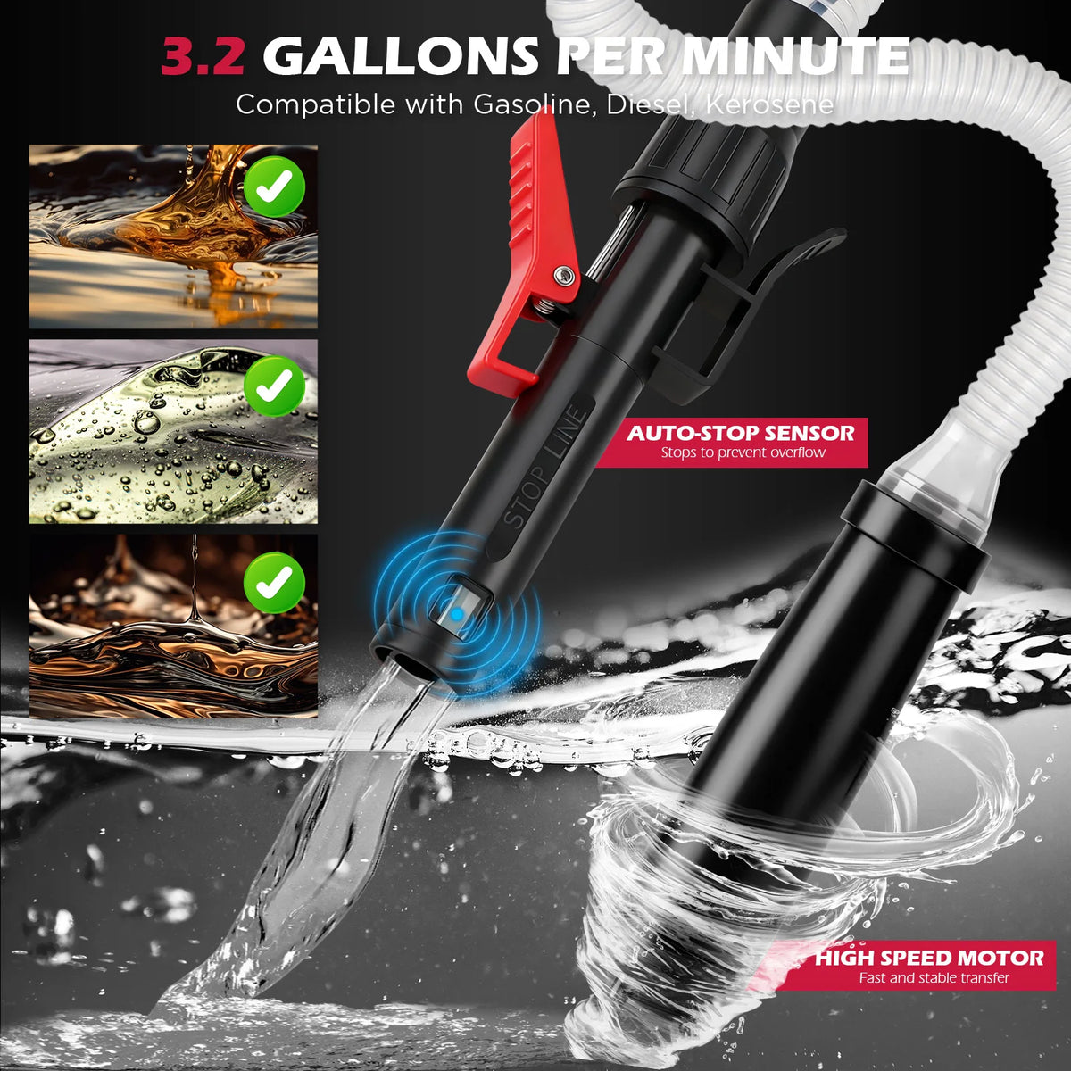 Automatic Fuel Transfer Pump 3.2 GPM Auto Stop Gas Can Battery Powered Kit