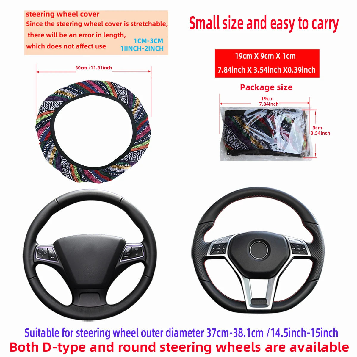 14.5-15 Inch Bohemian Linen Steering Wheel Cover Universal Breathable Non-Slip