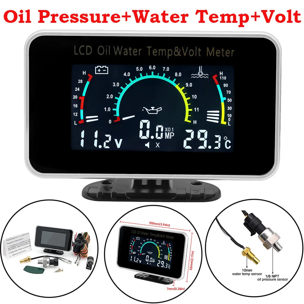 2/3/4-in-1 LCD Digital Oil Pressure Gauge Voltmeter Fuel Level Water Temp