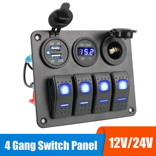 4-Gang Rocker Switch Panel with Dual USB Charger & Digital Voltmeter 12V/24V