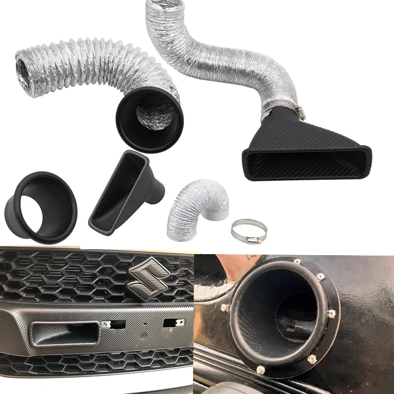 Universal Front Bumper Air Intake Pipe Kit ABS Carbon Print Rectangle Circle