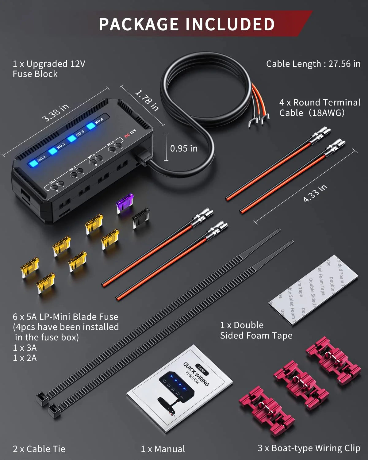 Anchtek 12V Motorcycle Fuse Box 4 Circuit Mini Blade Fuse Holder LED Indicator