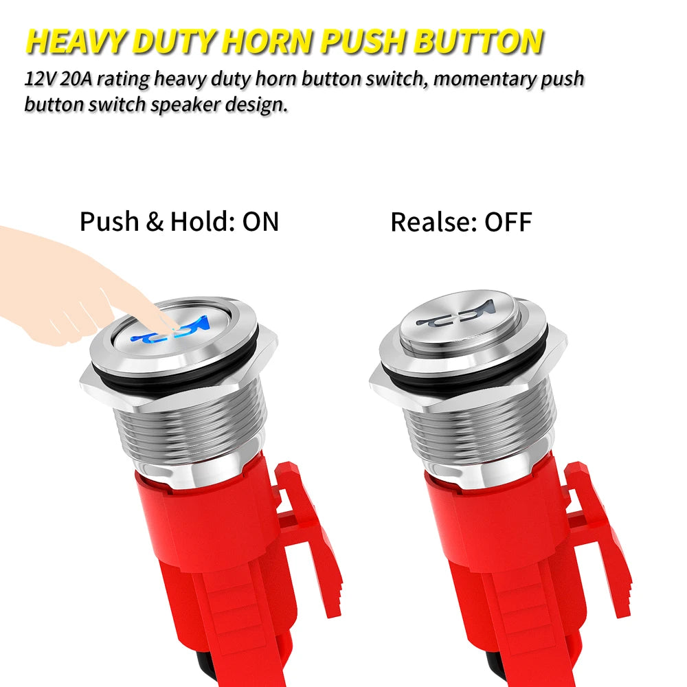 DaierTek 16mm Metal Horn Button Switch 12V 20A Blue LED Momentary