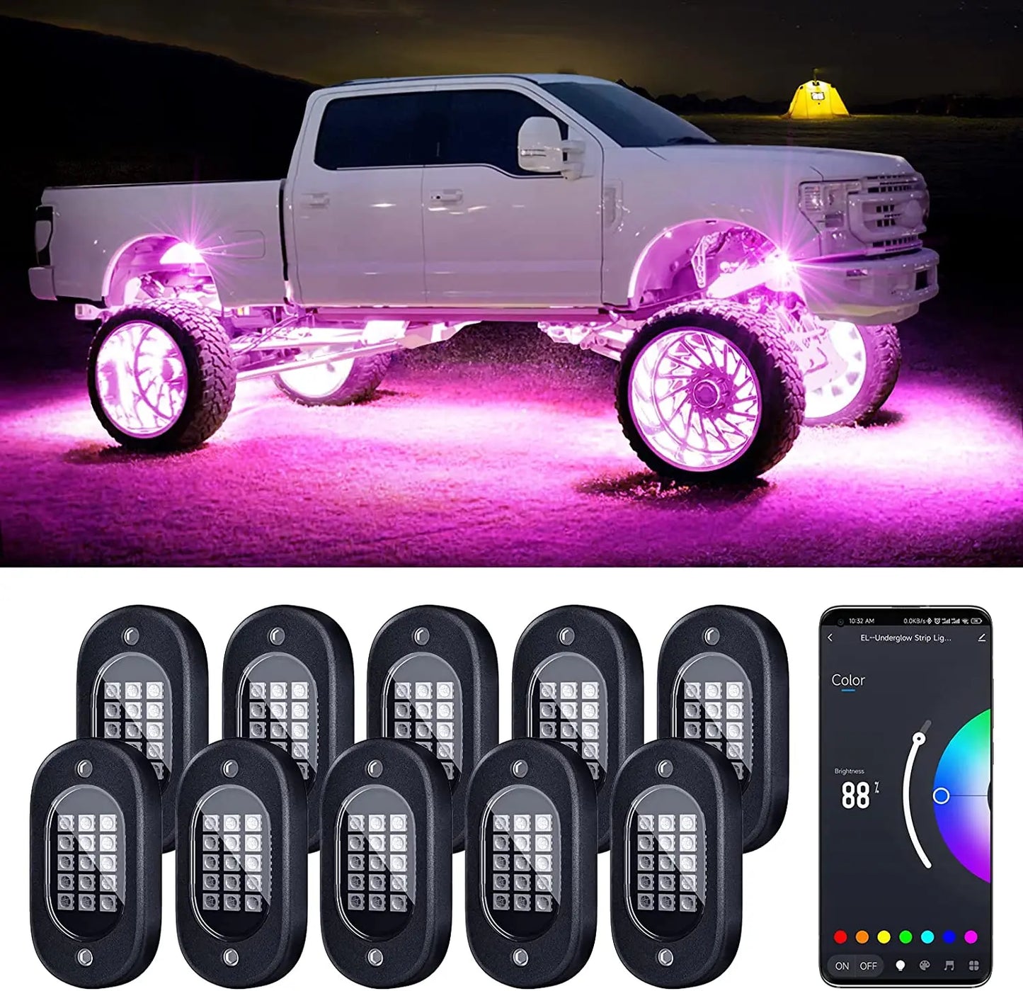RGB LED Rock Lights 4-14 Pods APP Music Sync Underglow Chassis Lights