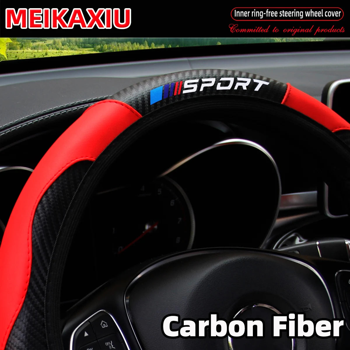SPORT Carbon Fiber PU Leather Steering Wheel Cover Universal Rimless Non-Slip