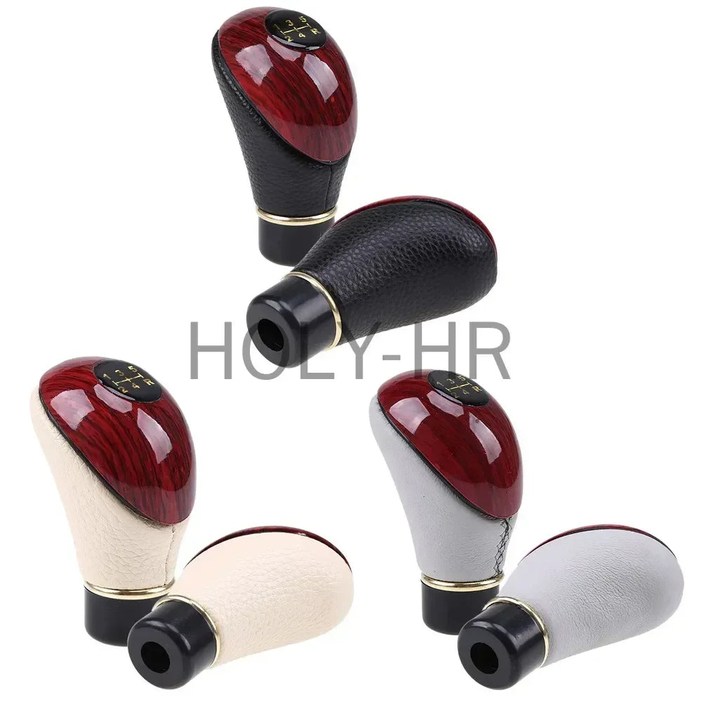 Universal 5-Speed Wood PU Leather Manual Gear Shift Knob Car Truck