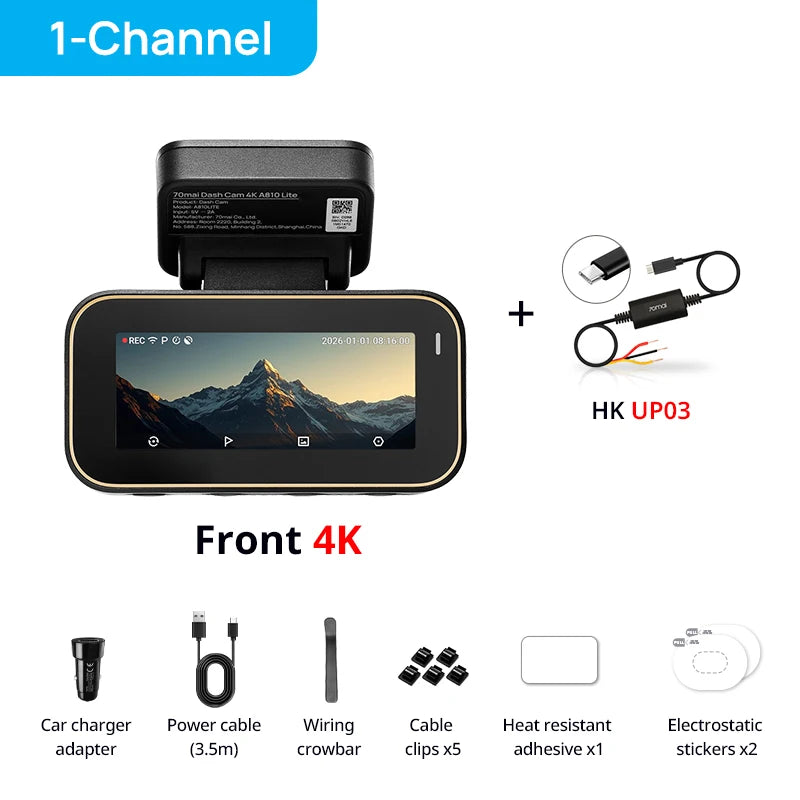 70mai A810 Lite 4K HDR Dash Cam with 1080P Rear Camera Wi-Fi 6 GPS Car DVR