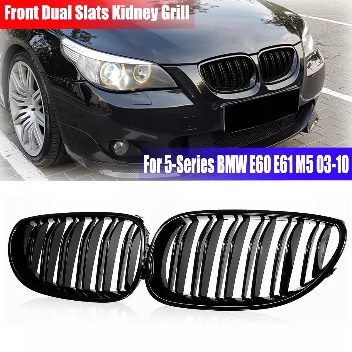 Gloss Black Double Slat Kidney Grille for BMW E60 E61 5 Series M5 520i 2003–2010
