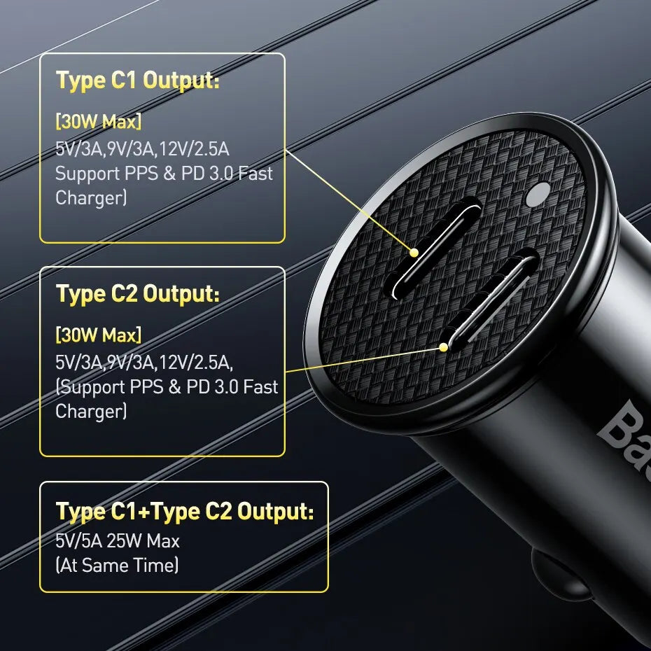 Baseus 30W USB Car Charger PD QC Fast Charge Adapter for iPhone Xiaomi
