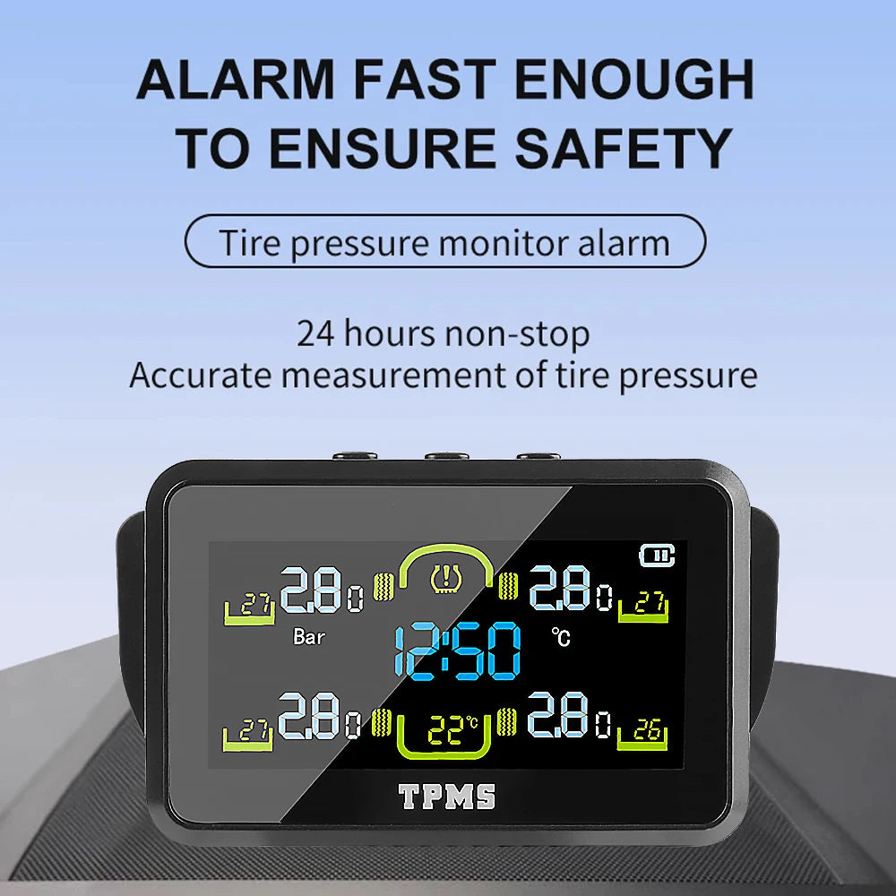 Solar TPMS Tire Pressure Monitor T14-1 4 External Sensors Temperature Warning