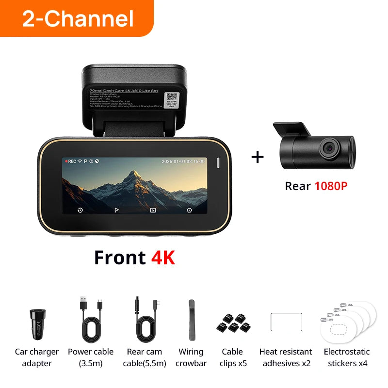 70mai A810 Lite 4K HDR Dash Cam with 1080P Rear Camera Wi-Fi 6 GPS Car DVR