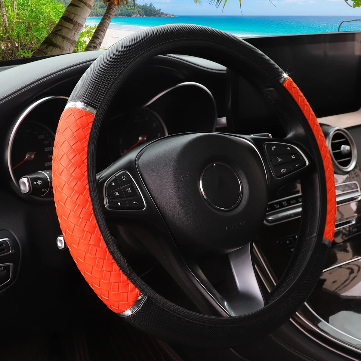 14.5–15" PU Braided Leather Steering Wheel Cover Universal Metal Accent Rimless Cover