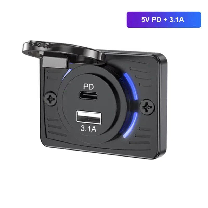 12V-24V Dual USB Car Charger Socket QC3.0 PD 3.1A 2.1A Panel Outlet RV