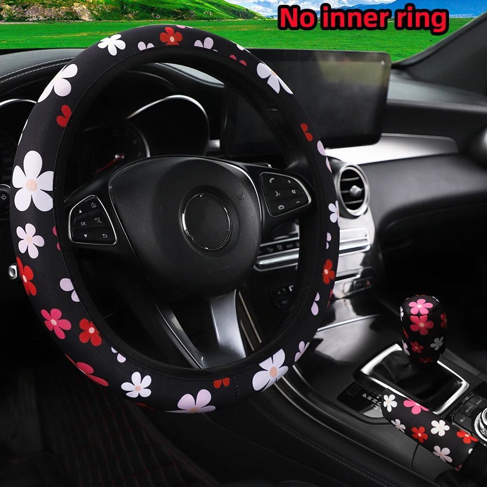 3PCS Fabric Checker Flower & Spider Web Car Interior Cover Set Steering Wheel