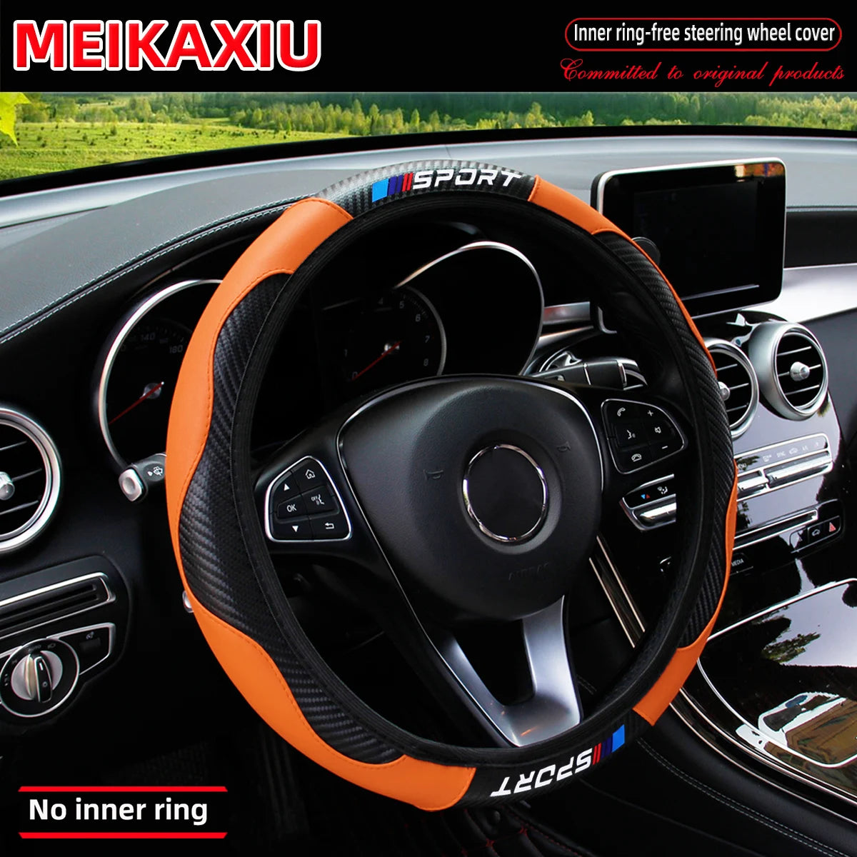SPORT Carbon Fiber PU Leather Steering Wheel Cover Universal Rimless Non-Slip