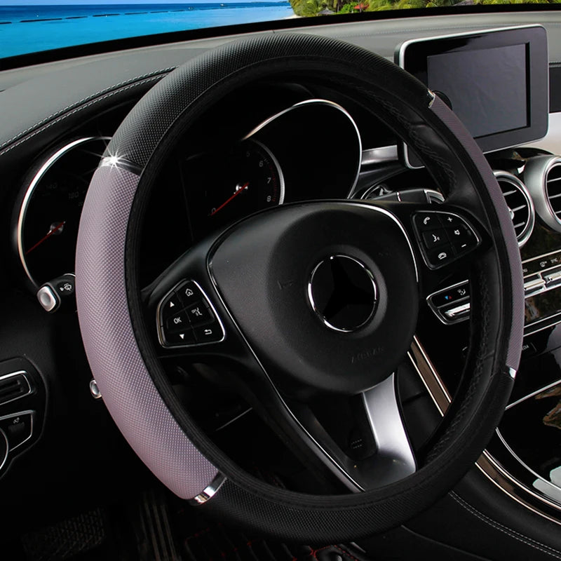 38CM Universal PU Leather Steering Wheel Cover with Sport Stripe Elastic Non-Slip