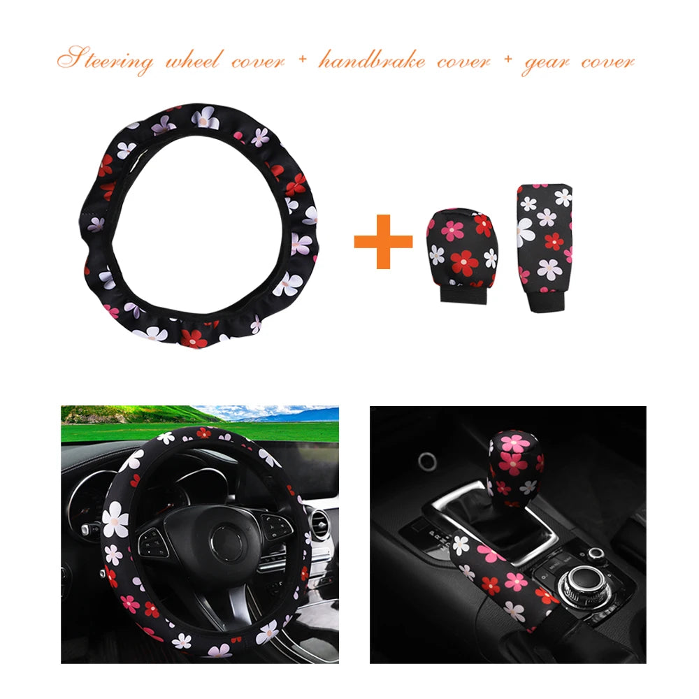3PCS Fabric Checker Flower & Spider Web Car Interior Cover Set Steering Wheel