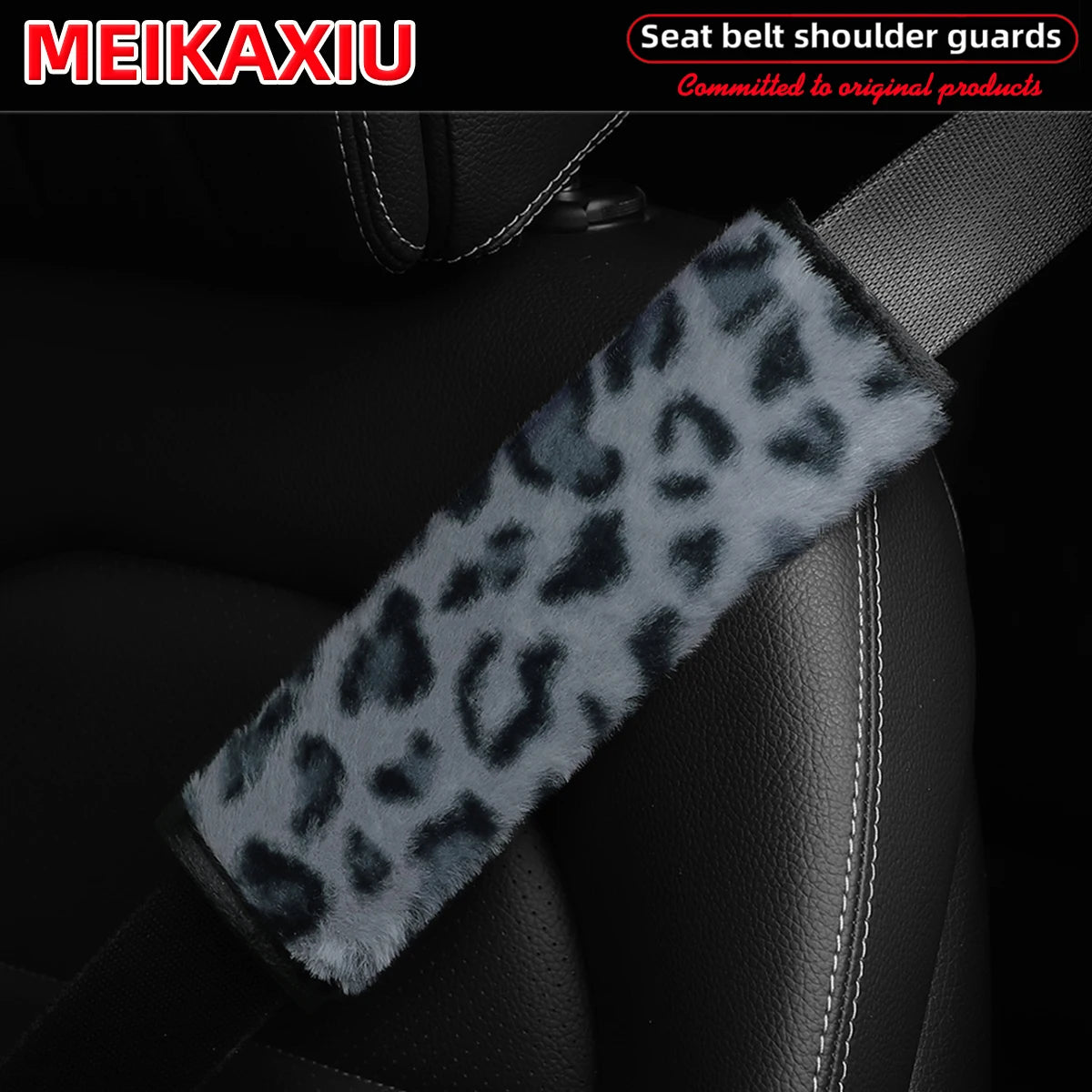 Leopard Print Plush Seat Belt Shoulder Pad Covers Soft Comfort Safety Belt Protectors