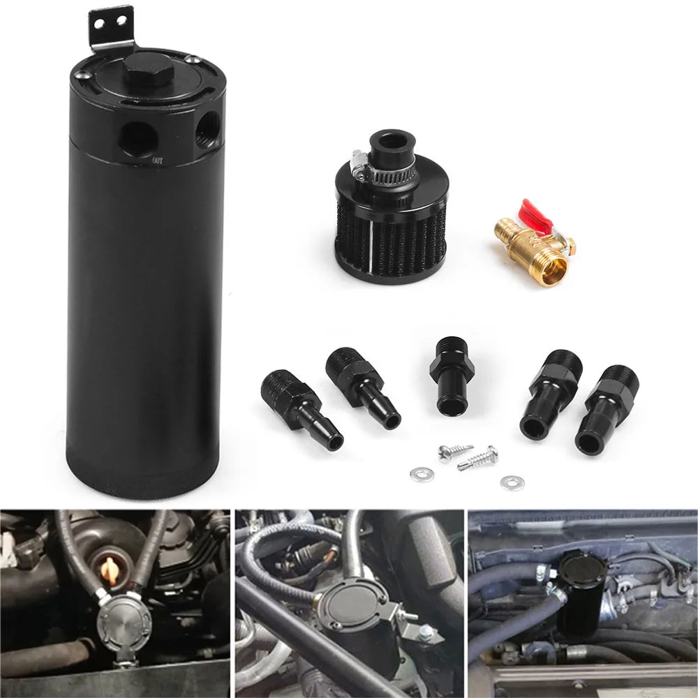 Universal Billet Aluminium Baffled Oil Catch Can 2 Port Breather Filter Black