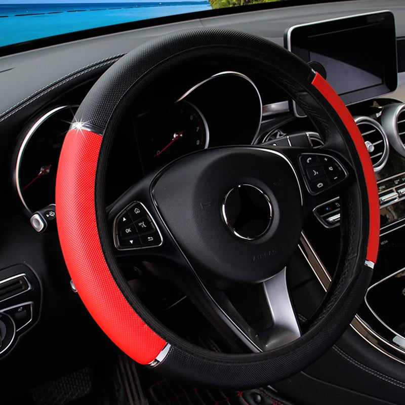 38CM Universal PU Leather Steering Wheel Cover with Sport Stripe Elastic Non-Slip