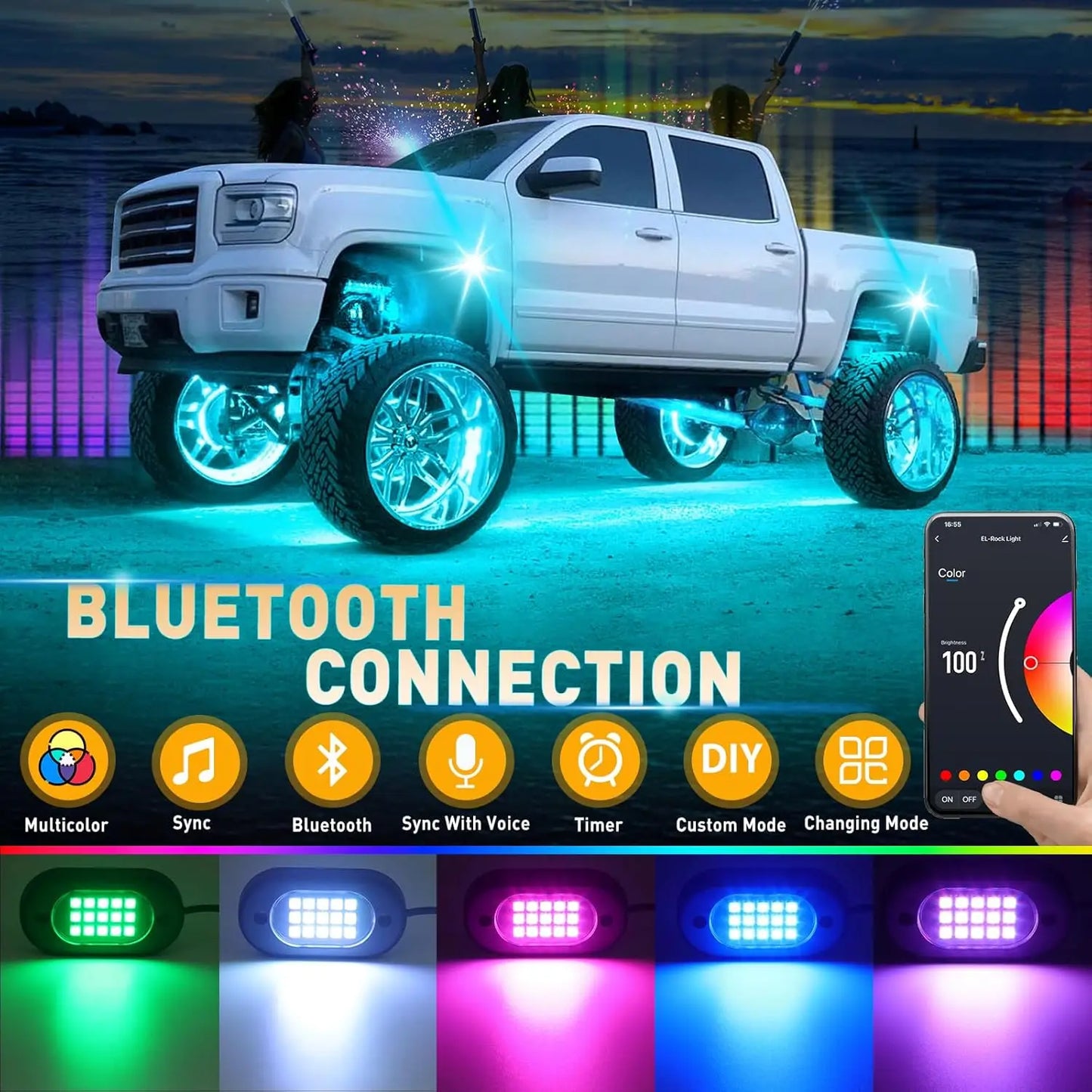 RGB LED Rock Lights 4-14 Pods APP Music Sync Underglow Chassis Lights