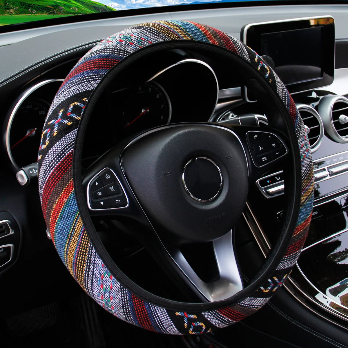14.5-15 Inch Bohemian Linen Steering Wheel Cover Universal Breathable Non-Slip