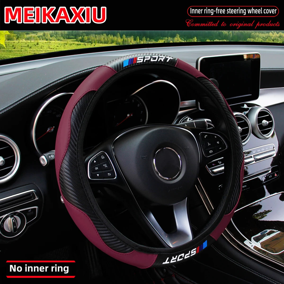 SPORT Carbon Fiber PU Leather Steering Wheel Cover Universal Rimless Non-Slip