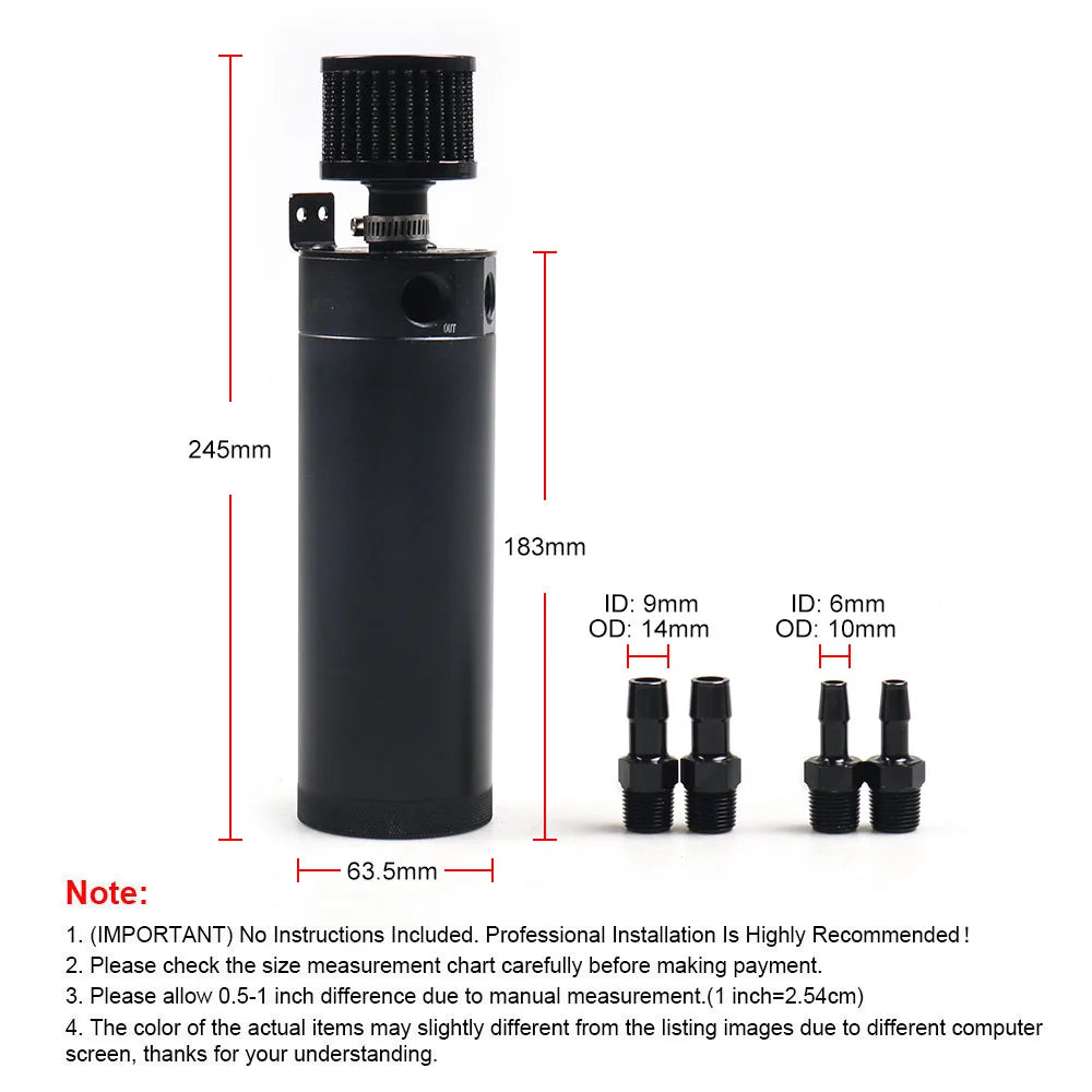 Universal Billet Aluminium Baffled Oil Catch Can 2 Port Breather Filter Black