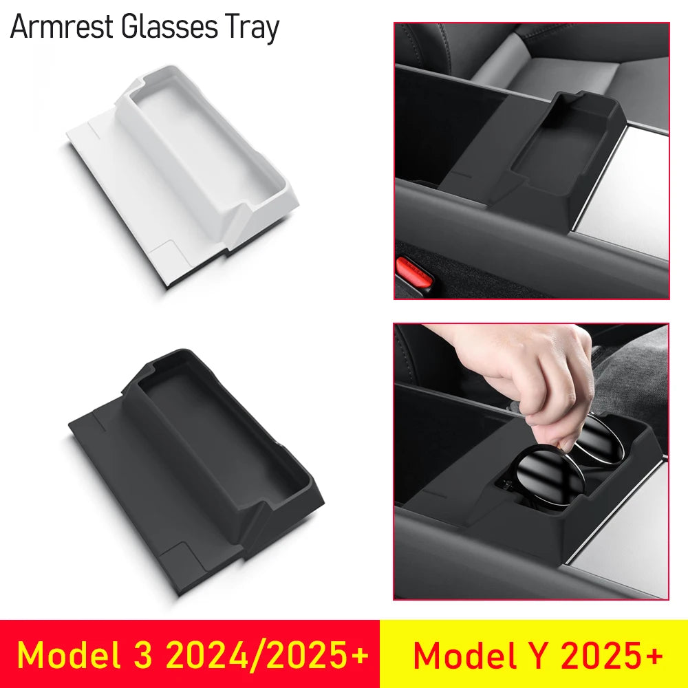 Center Console Armrest Storage Box with Glasses Holder for Tesla 3 Highland 2024-2025
