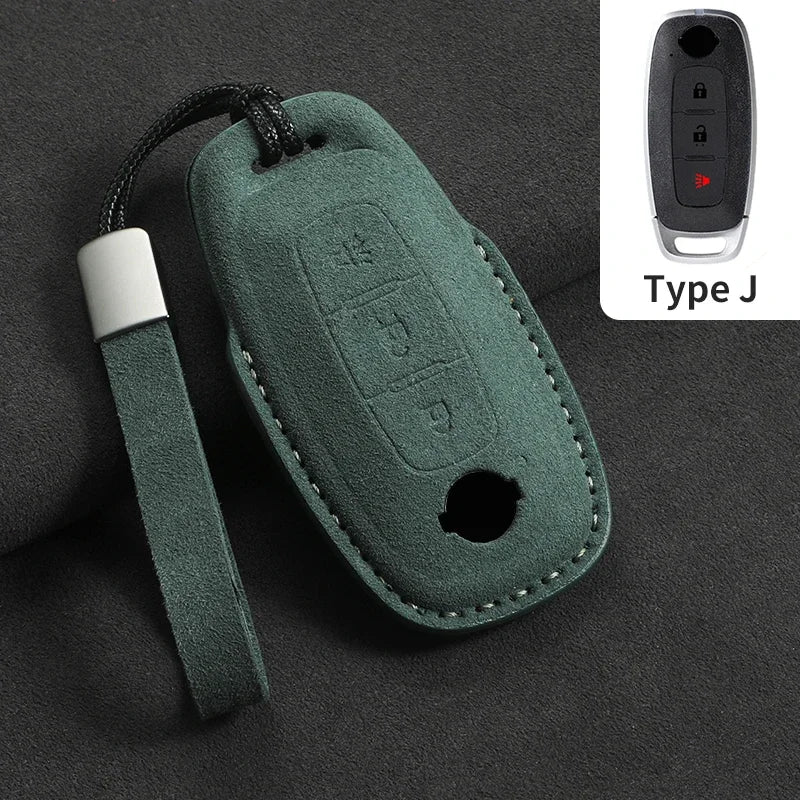3-Button Suede Smart Key Case Cover with Keyring for Nissan Qashqai X-Trail