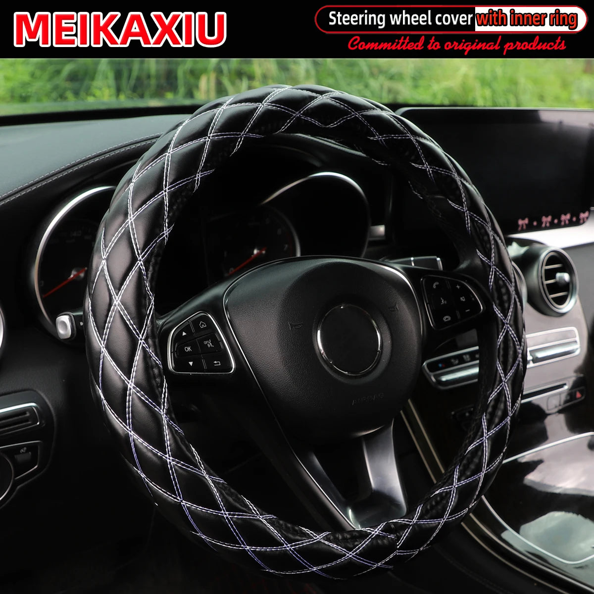 36–38cm Universal PU Leather Sheepskin Embroidered Steering Wheel Cover